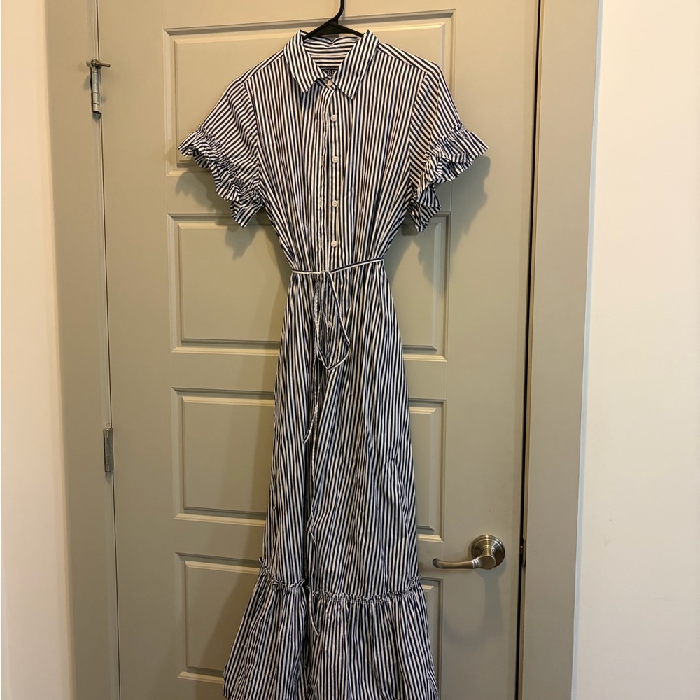 J. Crew Striped Blue and White Button-Front Maxi Dress with Waist Tie